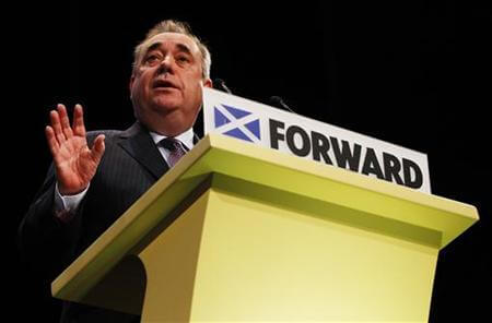 Scotland's First Minister and leader of the Scottish National Party(SNP) Alex Salmond delivers his speech to delegates during their annual conference in Inverness, Scotland