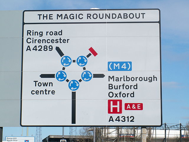 Sign on road leading to Magic Roundabout, Swindon, England.