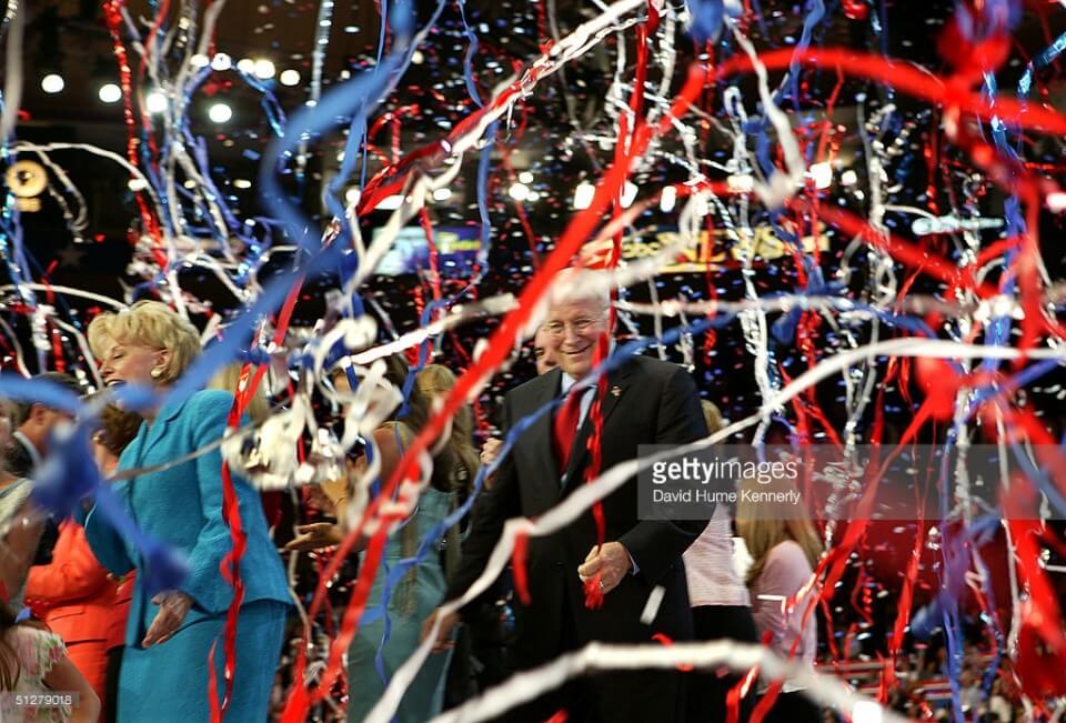 NEW YORK,SEPTEMBER 2, 2004:  (NO TIME Mag. U.S.NEWS, or U.S. TABLOID SALES).   Vice President and Mrs. Dick Cheney are covered with confetti on the final night of the Republican National Convention in Madison Square Garden, September 2, 2004 in New York City. (Photo by David Hume Kennerly/Getty Images)