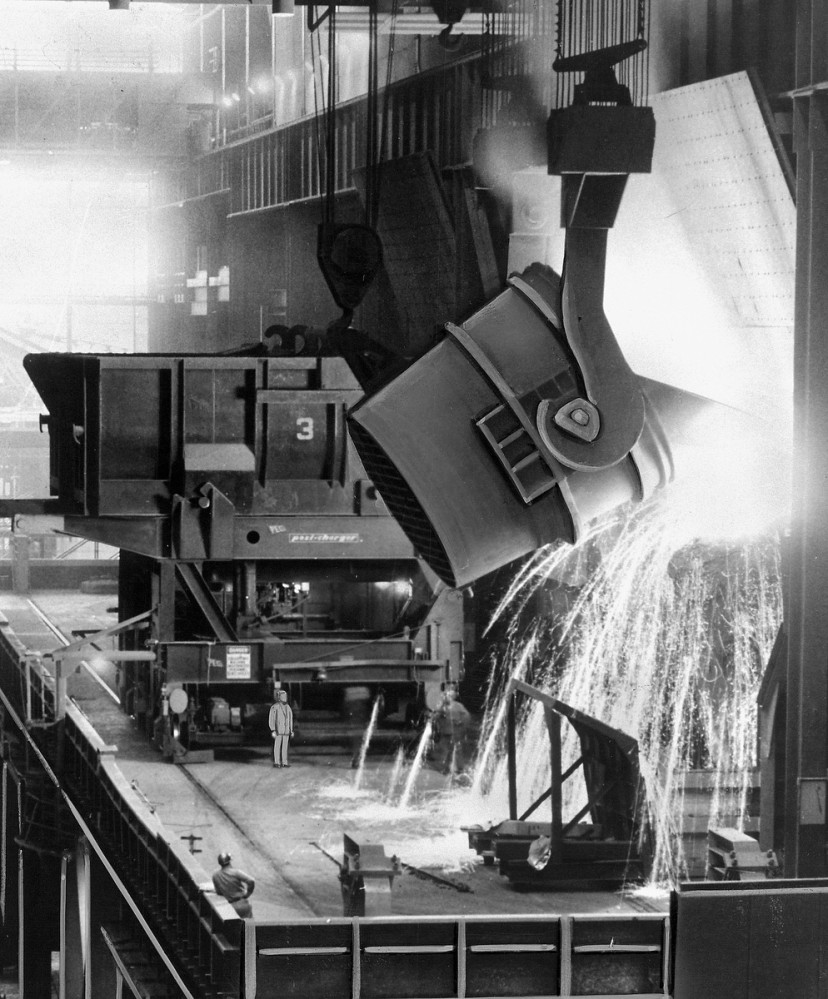 February 23, 1966 - This picture shows a method of making steel new at the time known as BOF or basic oxygen furnace. Two with a capacity of 200 tons each went into production at Bethlehem Steel Corporations mills at Sparrows Point. Instead of hours they turn out steel in 50 minutes.  (Baltimore Sun file)