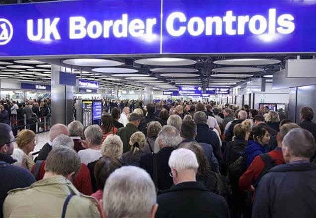 Border control chaos at Heathrow airport's terminal 5, London