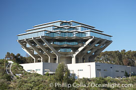 The UCSD Library (Geisel Library, UCSD Central Library) at the University of California, San Diego.  UCSD Library.  La Jolla, California.  On December 1, 1995 The University Library Building was renamed Geisel Library in honor of Audrey and Theodor Geisel (Dr. Seuss) for the generous contributions they have made to the library and their devotion to improving literacy.  In The Tower, Floors 4 through 8 house much of the Librarys collection and study space, while Floors 1 and 2 house service desks and staff work areas.  The library, designed in the late 1960s by William Pereira, is an eight story, concrete structure sited at the head of a canyon near the center of the campus. The lower two stories form a pedestal for the six story, stepped tower that has become a visual symbol for UCSD.
