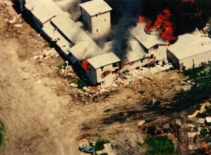 New Mount Carmel Center on fire during the siege of the Branch Davidian complex in Waco, TX.