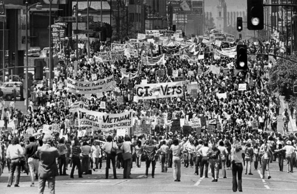 April 22, 1972: Protestors demonstrating against war in Vietnam clog Wilshire Blvd. as they march toward MacArthur Park where a rally was held. View is looking west from Ambassador Hotel. This photo was published in the April 23, 1972 Los Angeles Times.